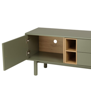 ETHAN - Meuble TV vert 1 porte, 2 tiroirs et 2 niches en bois naturel