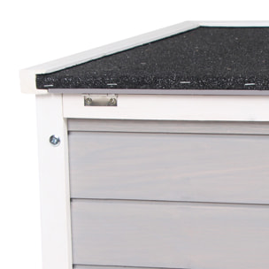 Clapier lapin niche sur pied - rampe porte verrouillable, toit ouvrant bitumé incliné - bois gris blanc