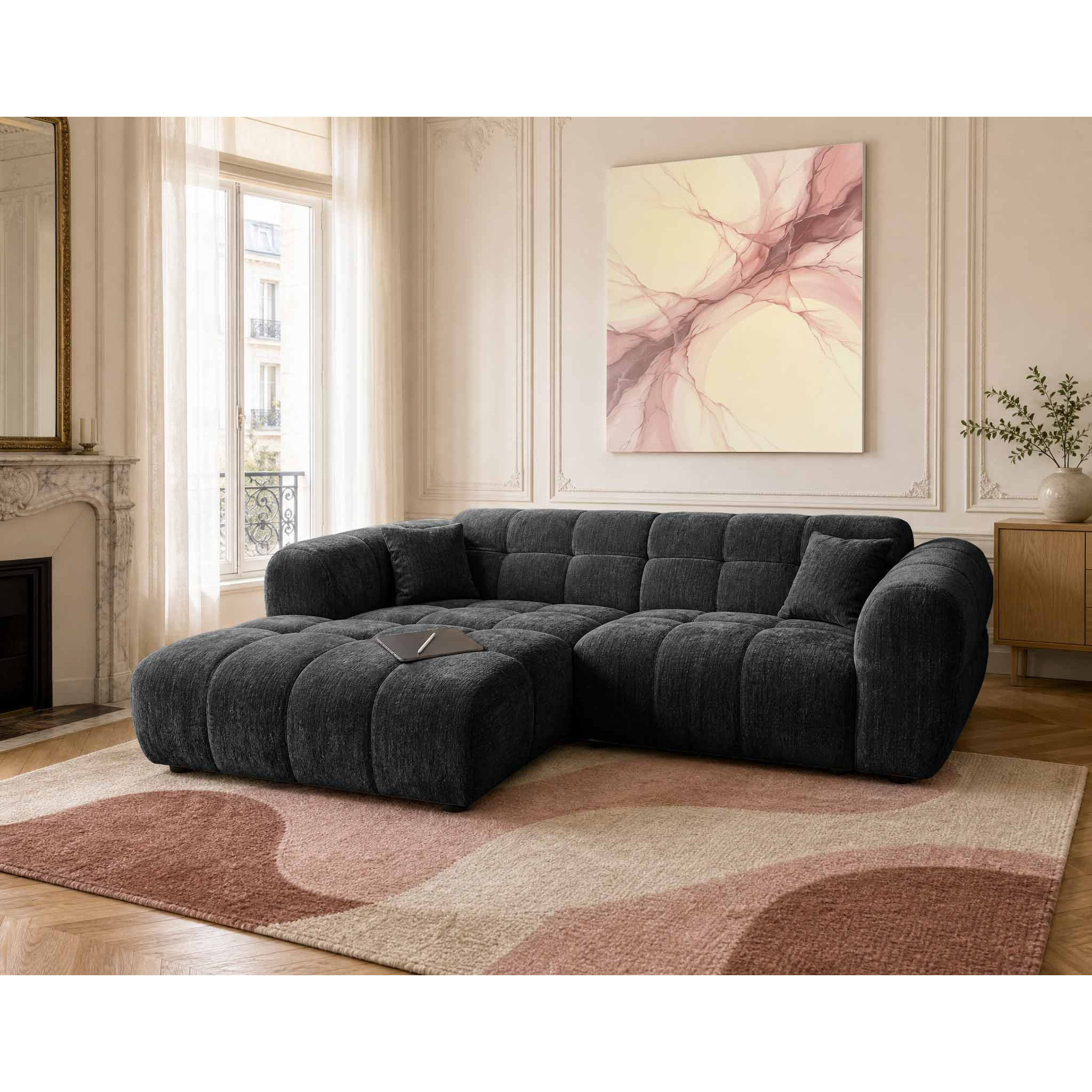 Mini Ray - Canapé d'angle gauche 4 places en tissu texturé - Gris Anthracite