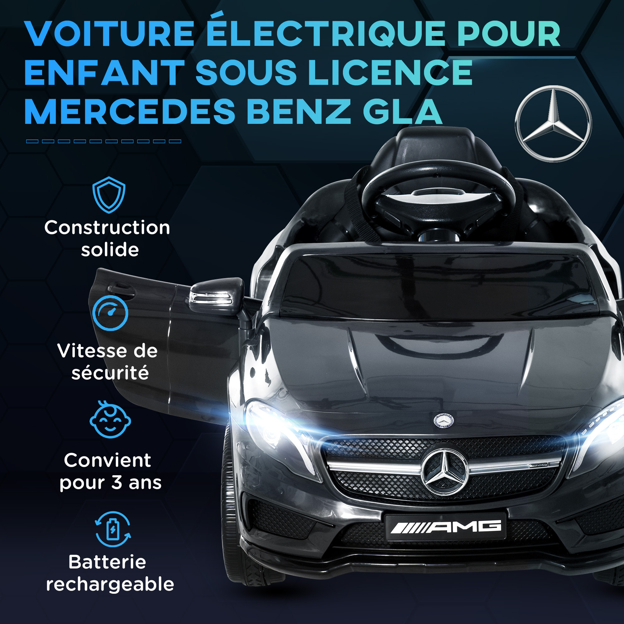 Voiture véhicule électrique enfant 6 V 7 Km/h max. télécommande effets sonores + lumineux Mercedes GLA AMG noir