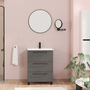 Conjunto de baño Haru | Mueble de baño con patas | 60 cm Gris Mate| Tres cajones | Lavabo encastrado | No incluye espejo | Alday
