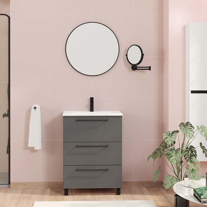 Conjunto de baño Haru | Mueble de baño con patas | 60 cm Gris Mate| Tres cajones | Lavabo encastrado | No incluye espejo | Alday