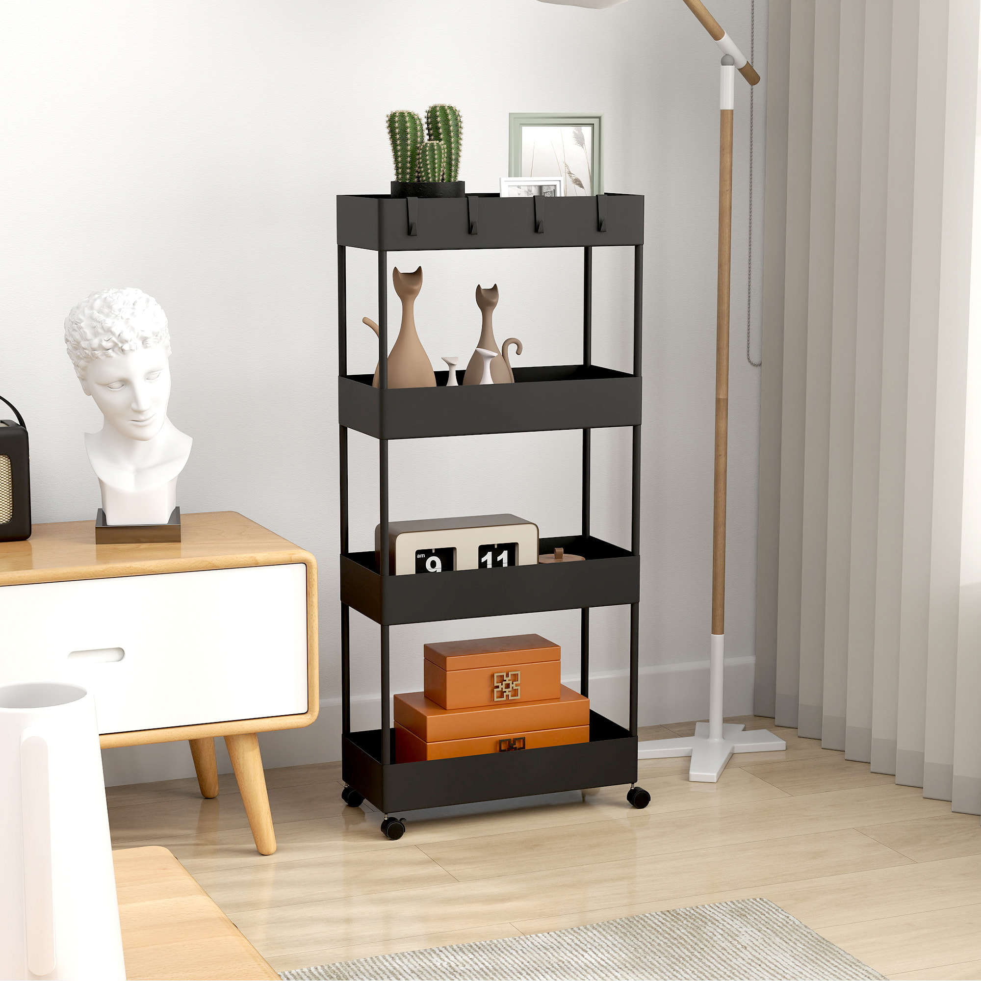 Carro de Cocina de Almacenamiento de 4 Niveles Carrito Auxiliar con Ruedas 4 Cestas y 4 Ganchos Extraíbles Carrito de Cocina para Comedor Baño Salón 40x19x90 cm Negro