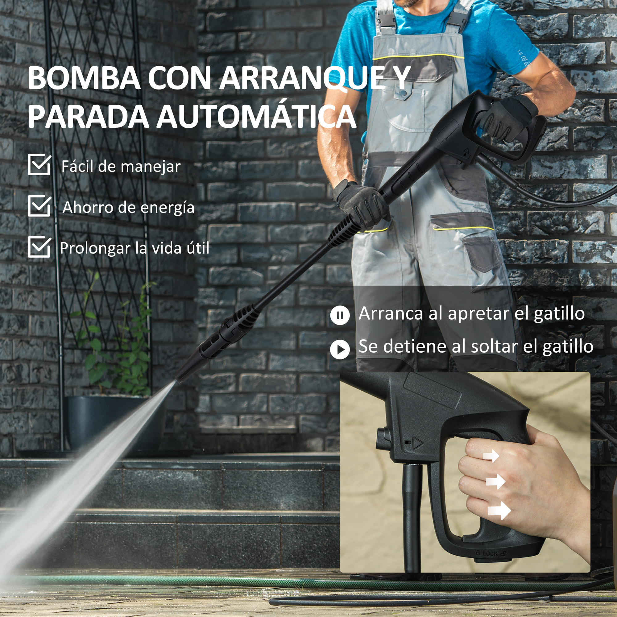 Hidrolimpiadora de Alta Presión 1800W Caudal 510 L/h con Bomba de Aluminio Parada Automática Presión de 150 Bar Manguera de 6 m Incluye Botella de Jabón Boquilla Cepillo Verde y Negro