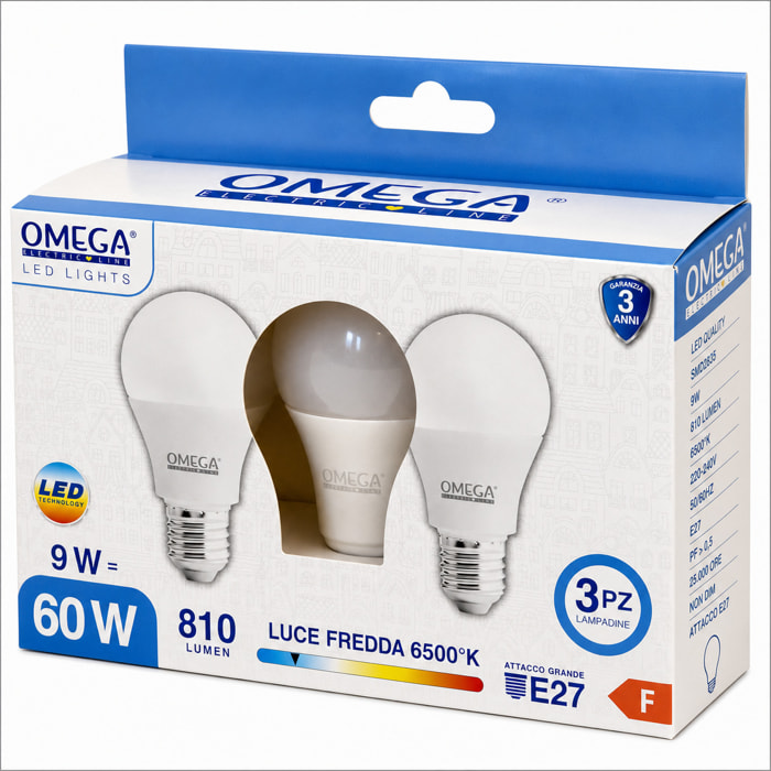 OMEGA Set 3 Lampadine LED 9W 810 Lumen E27 3000K
