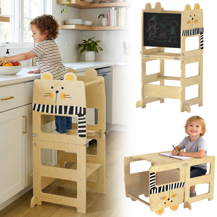 Torre de Aprendizaje 3 en 1 Plegable, Convertible en Escritorio y Silla, Taburete de Aprendizaje para Niños de 2-5 Años con Pizarra, Dibujos de Gatos, para Baño, Cocina, Natural