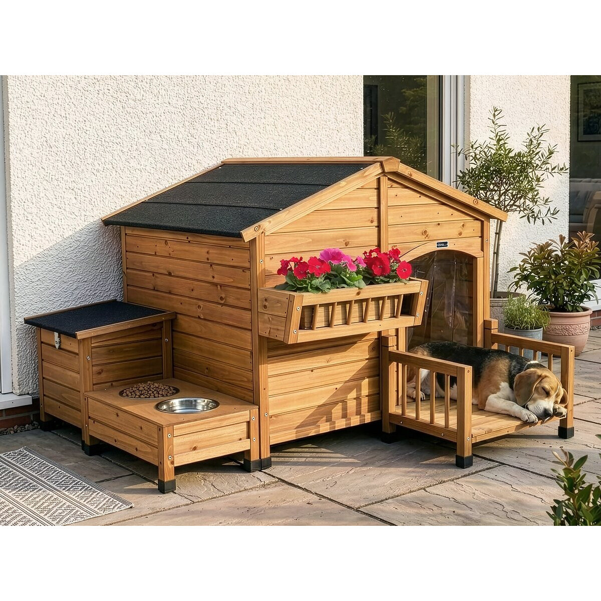 Niche pour chien en bois avec mangeoire et boite de rangement "Rusty" - 151 x 138 x 100 cm - Marron