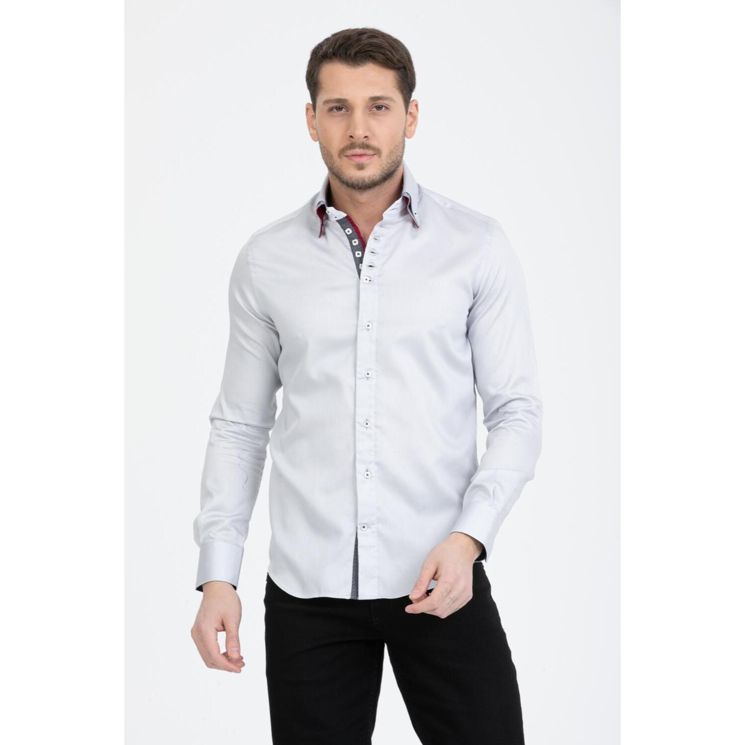 Camicia Uomo 2 Bottoni Button Down 7bottoni Doppio Coll Satin Unito Grigio