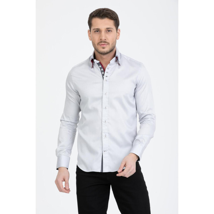 Camicia Uomo 2 Bottoni Button Down 7bottoni Doppio Coll Satin Unito Grigio