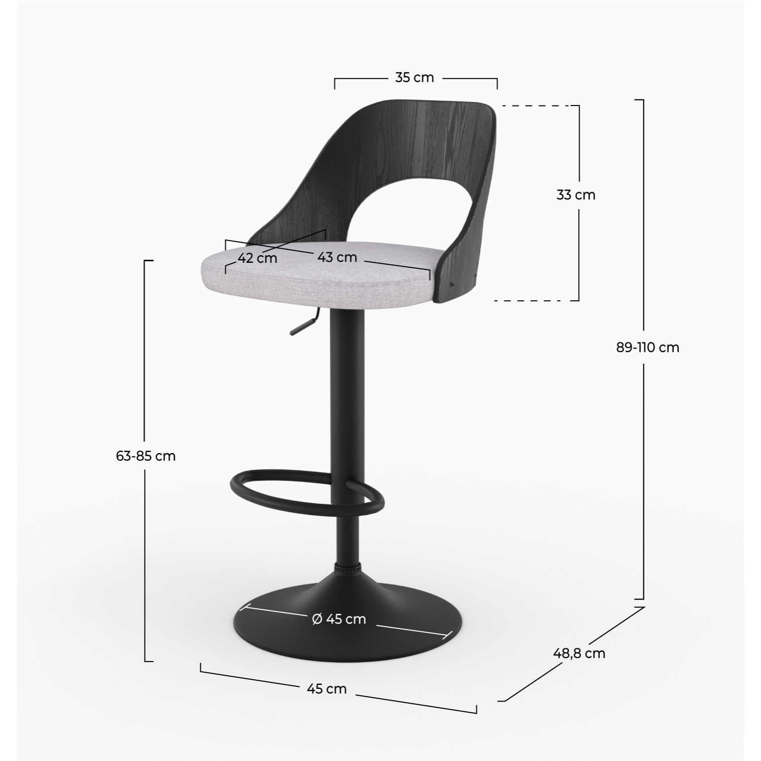 Lot de 2 chaises de bar réglables (63-85 cm) en tissu gris clair chiné - Emily