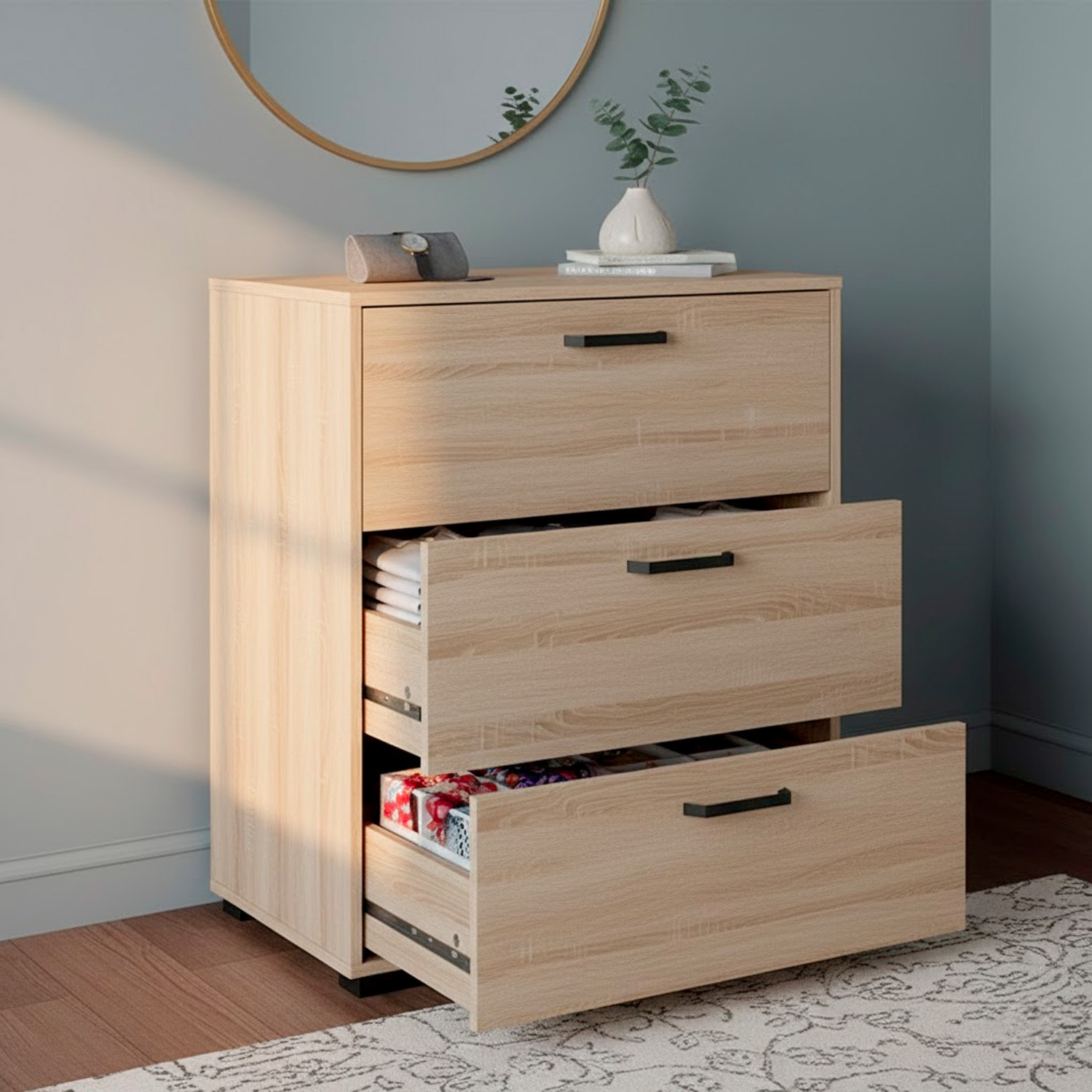 Cassettiera a 3 Cassetti Comò Comodino Mobile Contenitore Salvaspazio Design Moderno Camera da Letto Ingresso Soggiorno 70.2x39.8x82.7 Cm Rovere