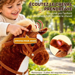 Cheval debout mobile en peluche effets sonores hennissement galop selle marron