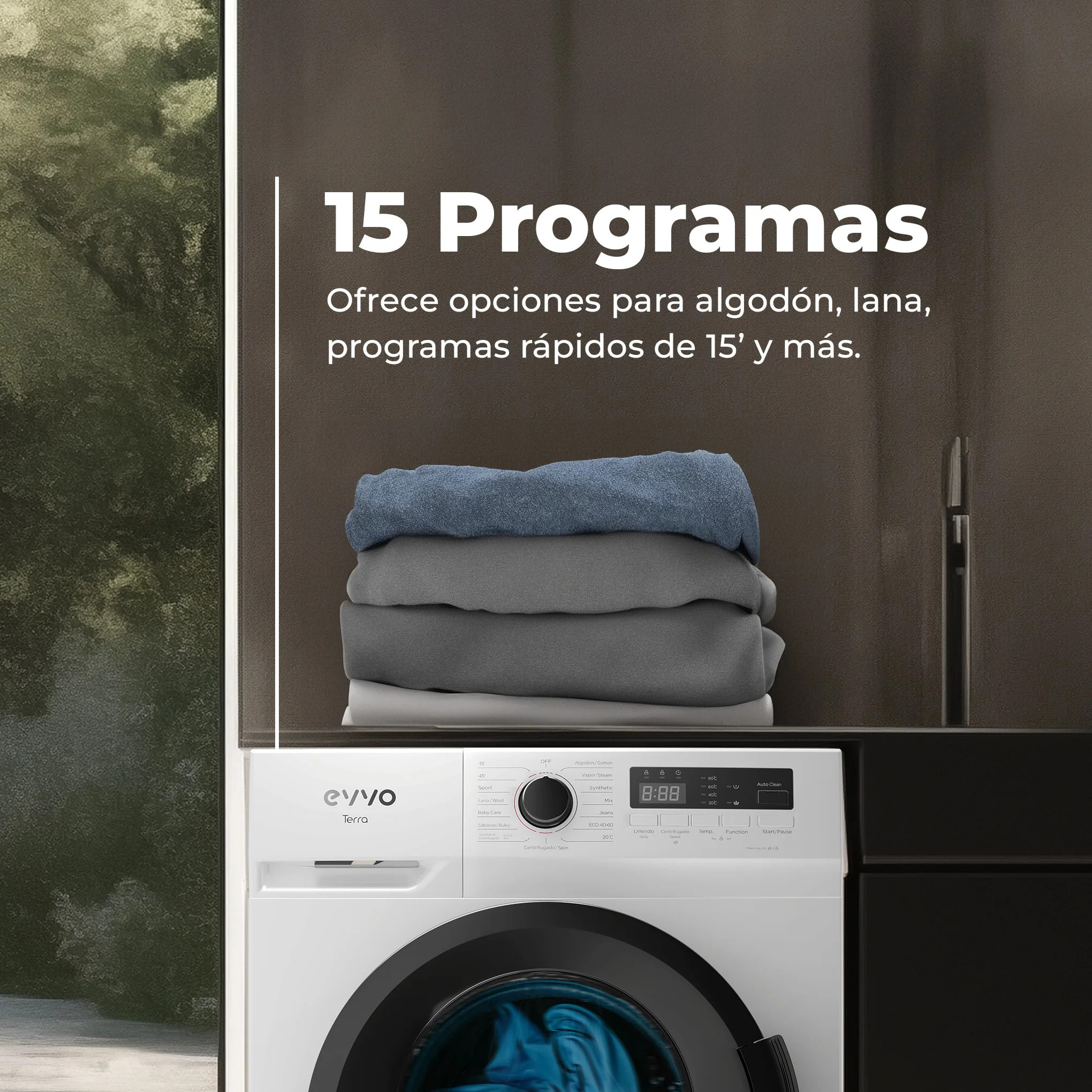 EVVO Lavadora 8 kg carga frontal Terra 8, 1350 rpm, Clase energética A, Motor Inverter, 15 programas, Lavado Rápido 15', Función vapor Steam Wash, Inicio diferido, Blanco
