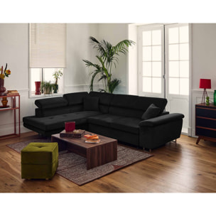 Dimas - canapé d'angle gauche 5 places - convertible avec coffre et têtières réglables - en velours - Noir