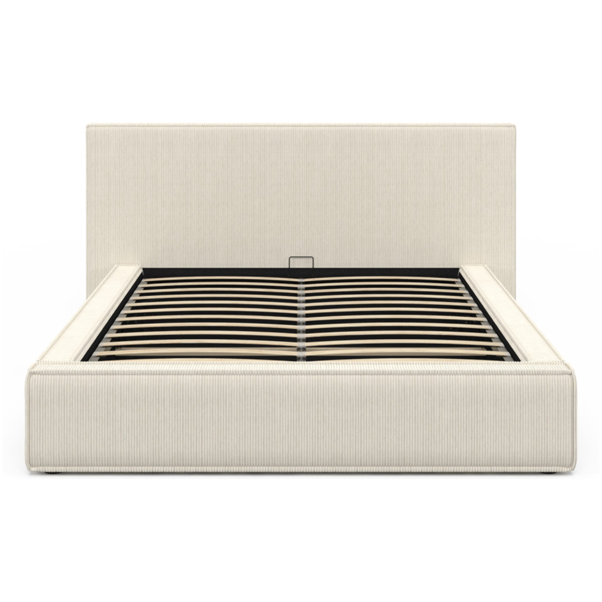 Lit coffre Joyce en velours côtelé beige avec sommier et tête de lit 140x190cm