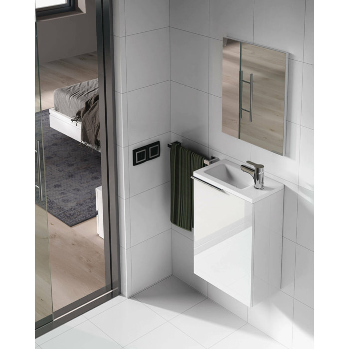 Mobile sottolavabo Peoria, Mobiletto per bagno sospeso, Armadio a 1 anta con specchio e lavabo, cm 40x22h58, Bianco lucido