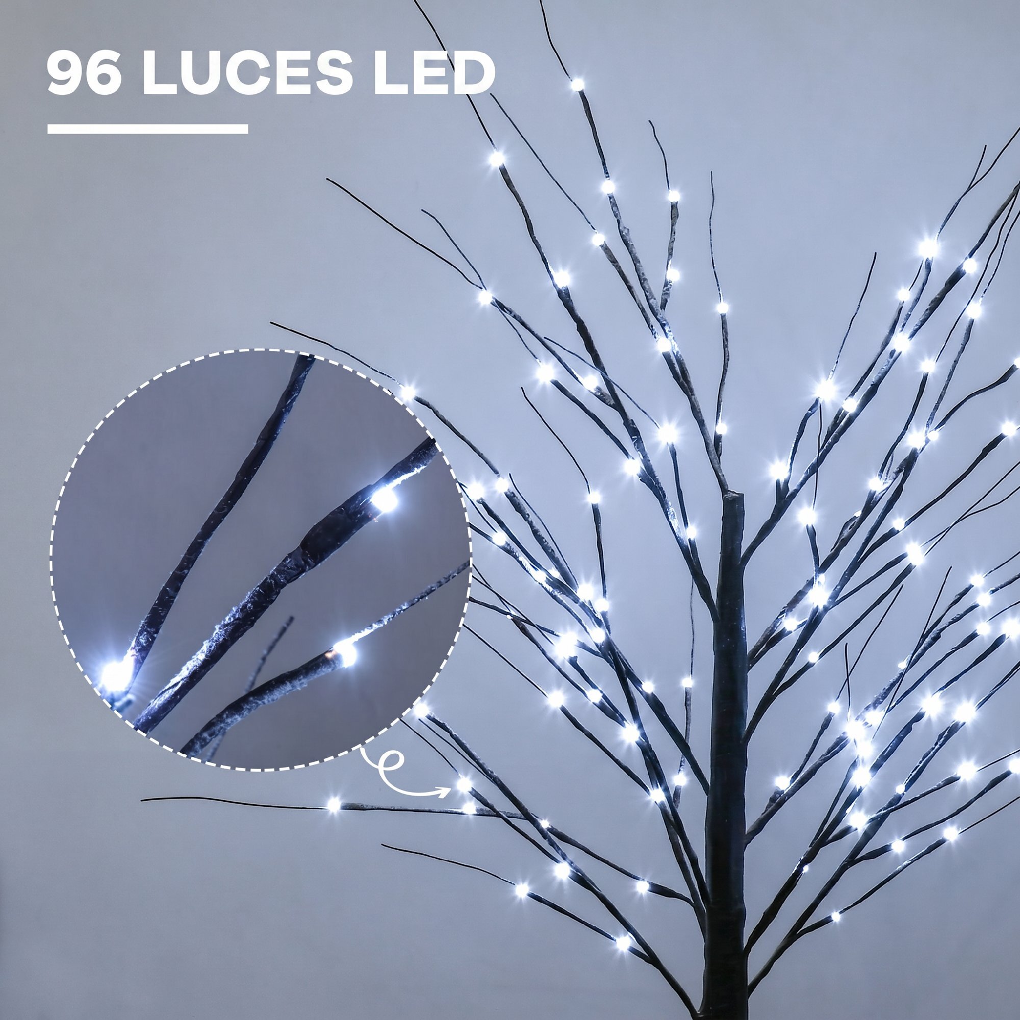 Árbol de Abedul Artificial 150 cm, Lámpara de Árbol con 96 Luces LED Blanco Frío, Nieve Falsa, Base Metálica, Decoración Navideña para Fiestas, Cumpleaños, Interiores, Marrón