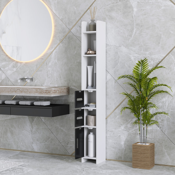 Columna de Baño Mueble de Baño con 3 Puertas 3 Estantes Abiertos y Sistema Antivuelco Armario de Baño Estilo Moderno 15x17x120 cm Blanco y Negro