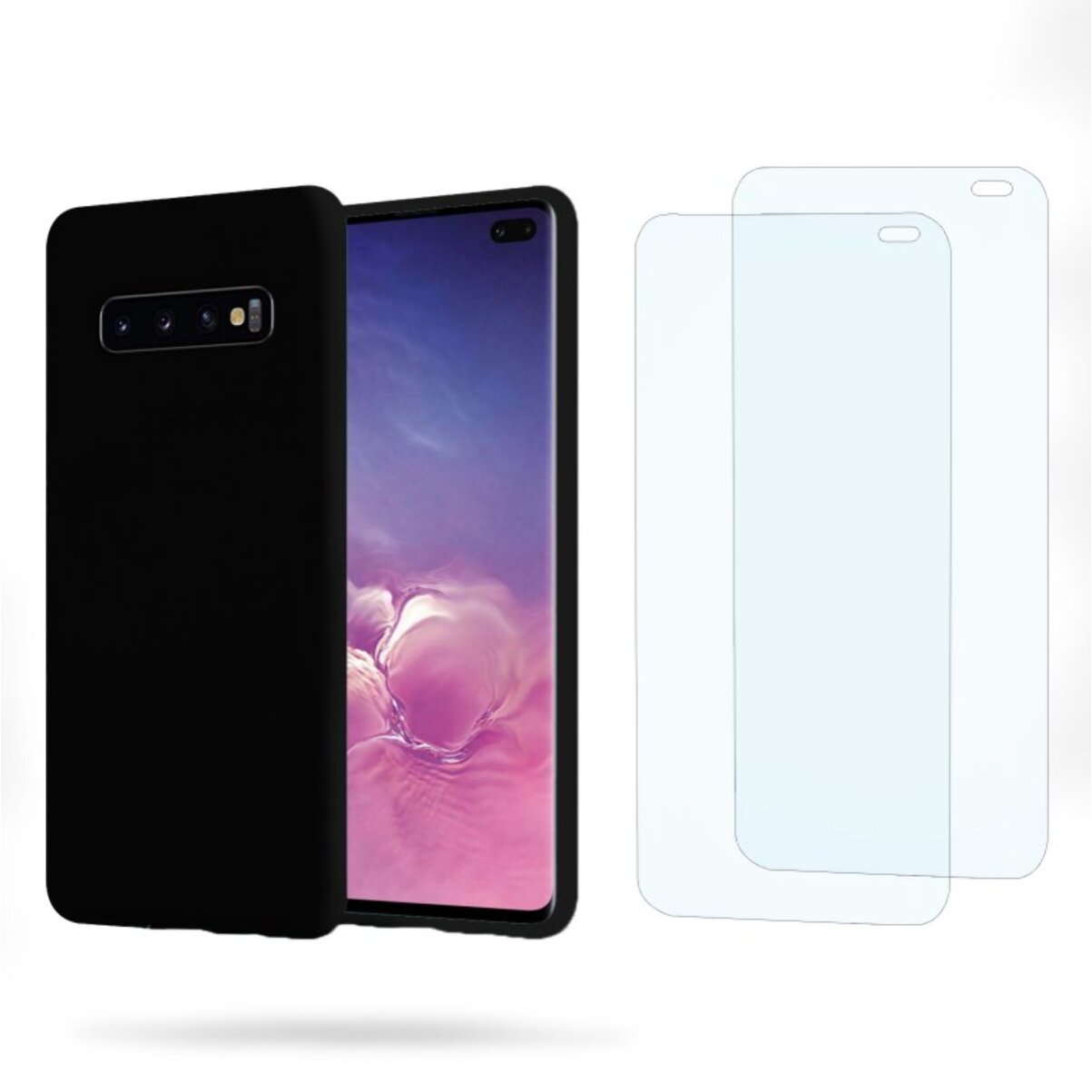 Coque Samsung Galaxy S10 Plus Noire Silicone liquide + 2 Vitres en Verre trempé Protection écran Antichocs