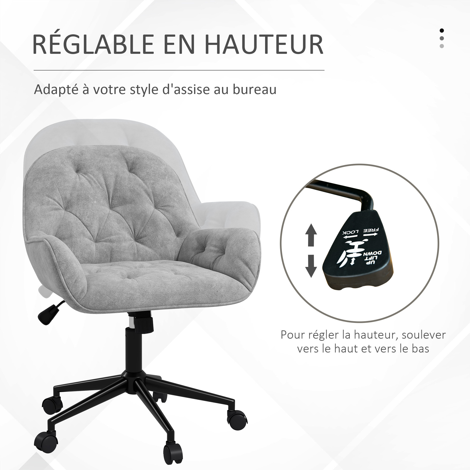 Chaise de bureau velours design Chesterfield effet capitonné piètement métal noir gris