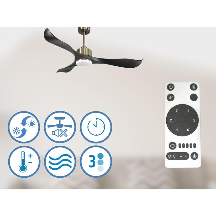 Ventilateur de plafond Réversible  Thermostat Dimmable Wifi Moteur à courant continu Toits en pente Télécommande Lumière à trois tons Adaptateur 2/3 Lames