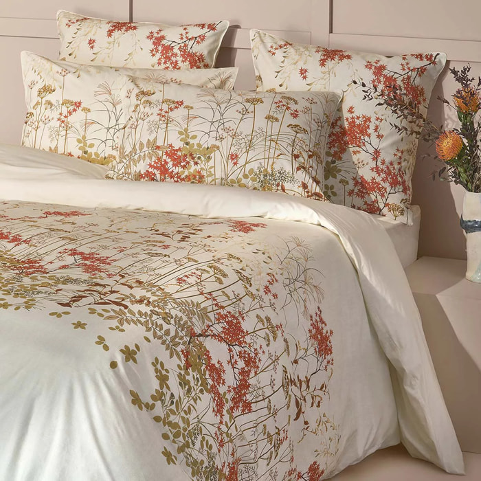 Lot h.couette +taies percale de coton imprimé beige orange Erables automne