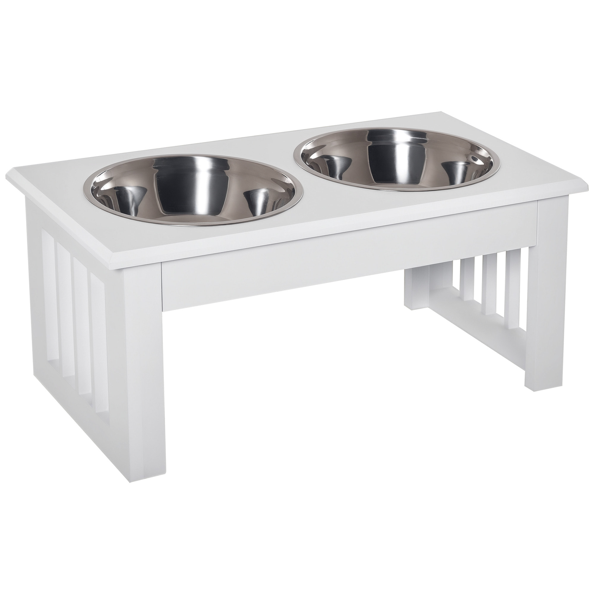 Gamelle double chien chat Porte-gamelles surélevé dim. 44L x 24l x 15H cm 2 gamelles acier inox. incluses MDF blanc