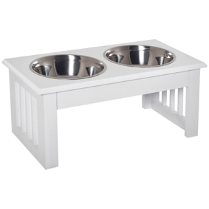 Gamelle double chien chat Porte-gamelles surélevé dim. 44L x 24l x 15H cm 2 gamelles acier inox. incluses MDF blanc