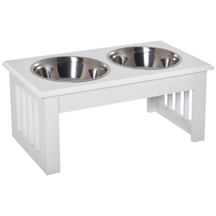Gamelle double chien chat Porte-gamelles surélevé dim. 44L x 24l x 15H cm 2 gamelles acier inox. incluses MDF blanc
