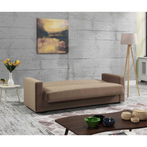 Divano letto Jorge, Divano letto contenitore a 3 posti lineare con 2 cuscini inclusi, Sofà da soggiorno in tessuto imbottito con apertura click-clack, 214x81xh89 cm, Beige