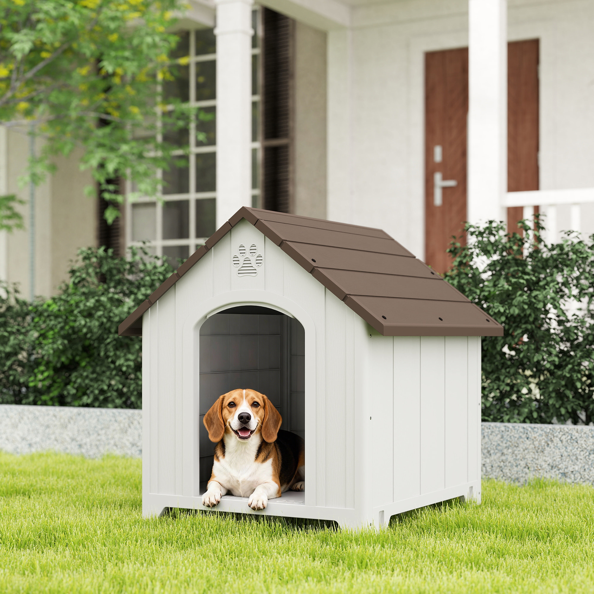 Niche chien plastique effet bois design chalet - 88 x 79 x 89 cm - gris clair marron
