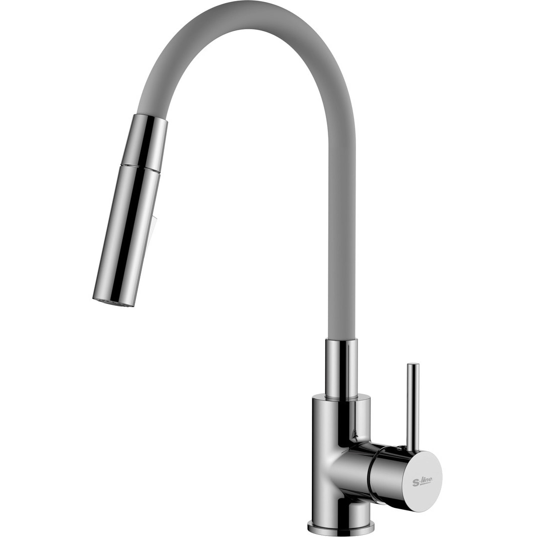 mitigeur cuisine à mémoire de forme, 2 types de jet mousseur ou douchette, courbe en silicone gris (SIKOBSLPRO290S2F)