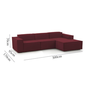 Divano fisso Giovanna, Divano componibile a 3 posti con penisola destra, 100% Made in Italy, Sofà moderno in tessuto, Cm 300x170h70, Rosso