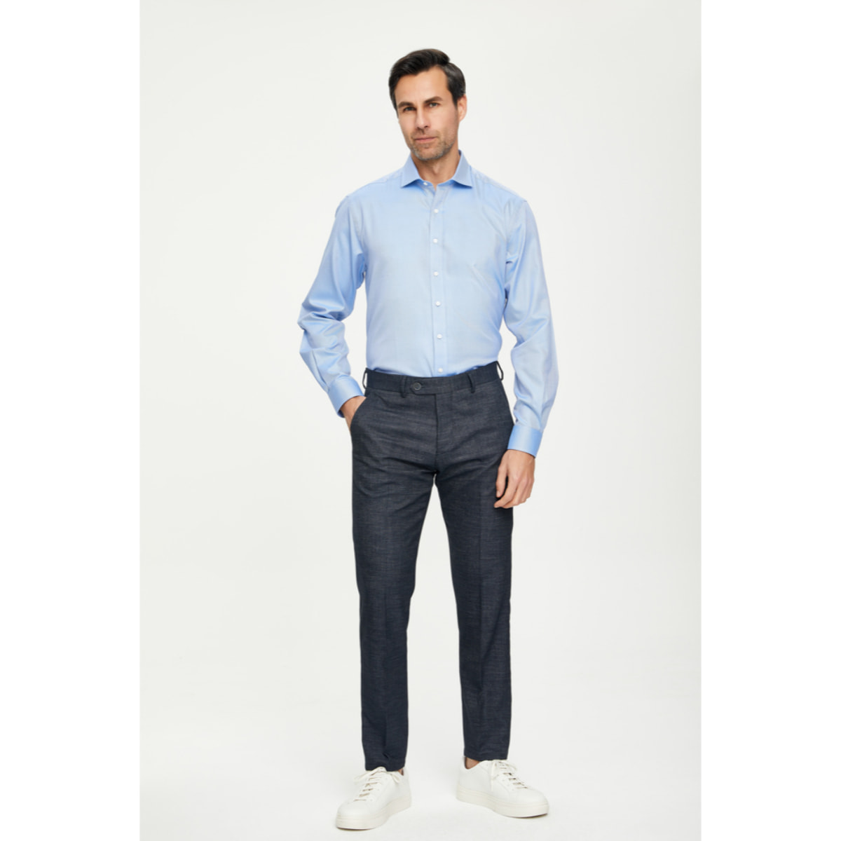 Camicia Uomo 1 Bottone Francese Twill Riga Media Blu Inchiostro\Bianco