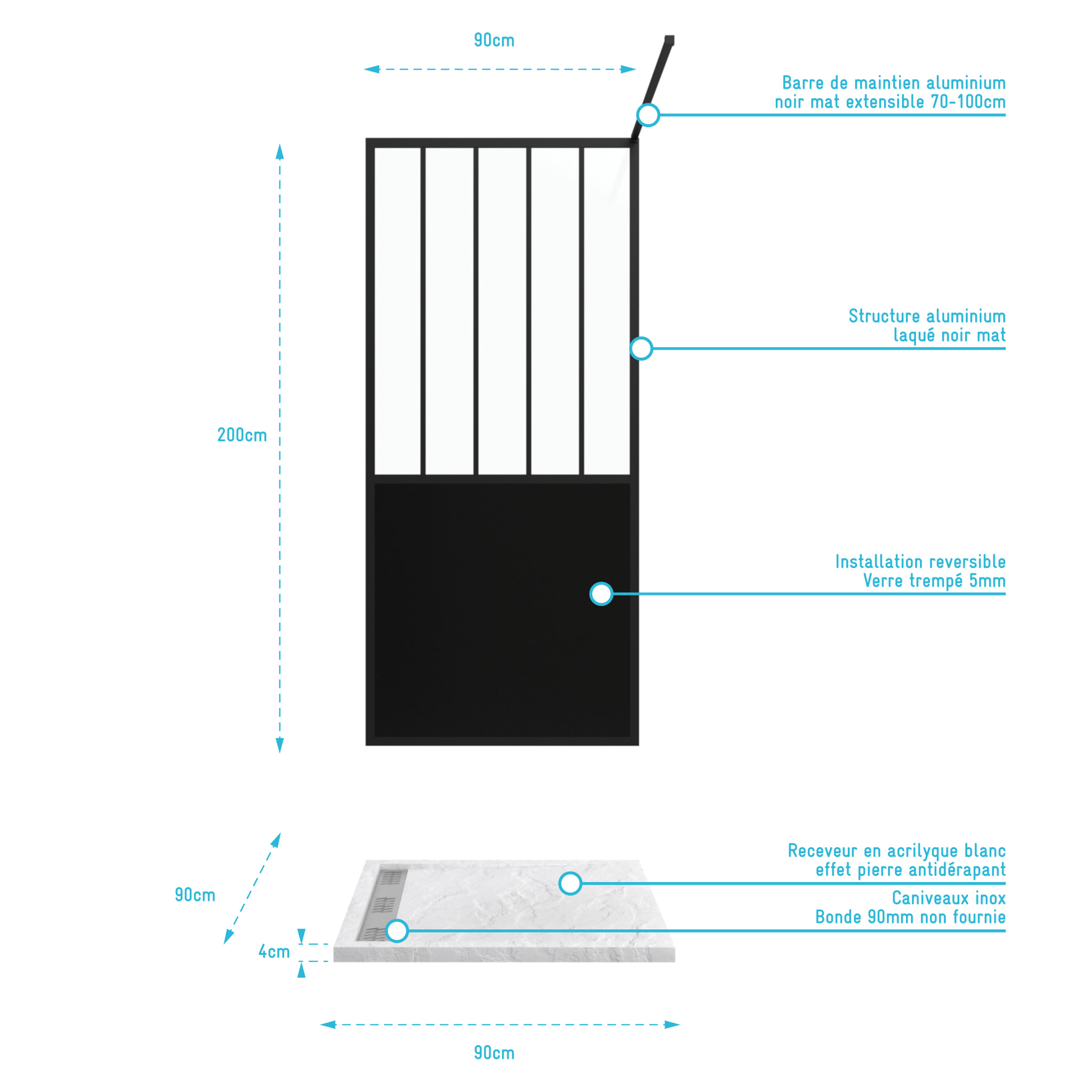 Pack Paroi de douche 90x200 cm noir mat + Receveur extra plat a poser 90X90 cm caniveau