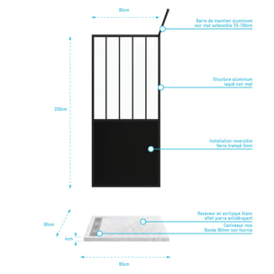 Pack Paroi de douche 90x200 cm noir mat + Receveur extra plat a poser 90X90 cm caniveau