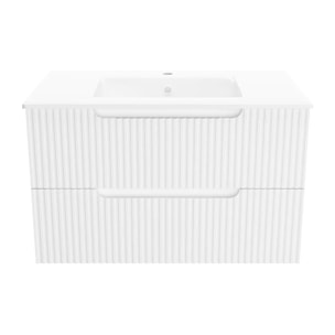 Meuble de Salle de Bains LEON 80cm Blanc Neige - 2 Tiroirs en MDF Ondulés - Vasque à encastrer
