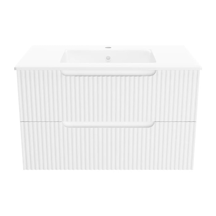 Meuble de Salle de Bains LEON 80cm Blanc Neige - 2 Tiroirs en MDF Ondulés - Vasque à encastrer