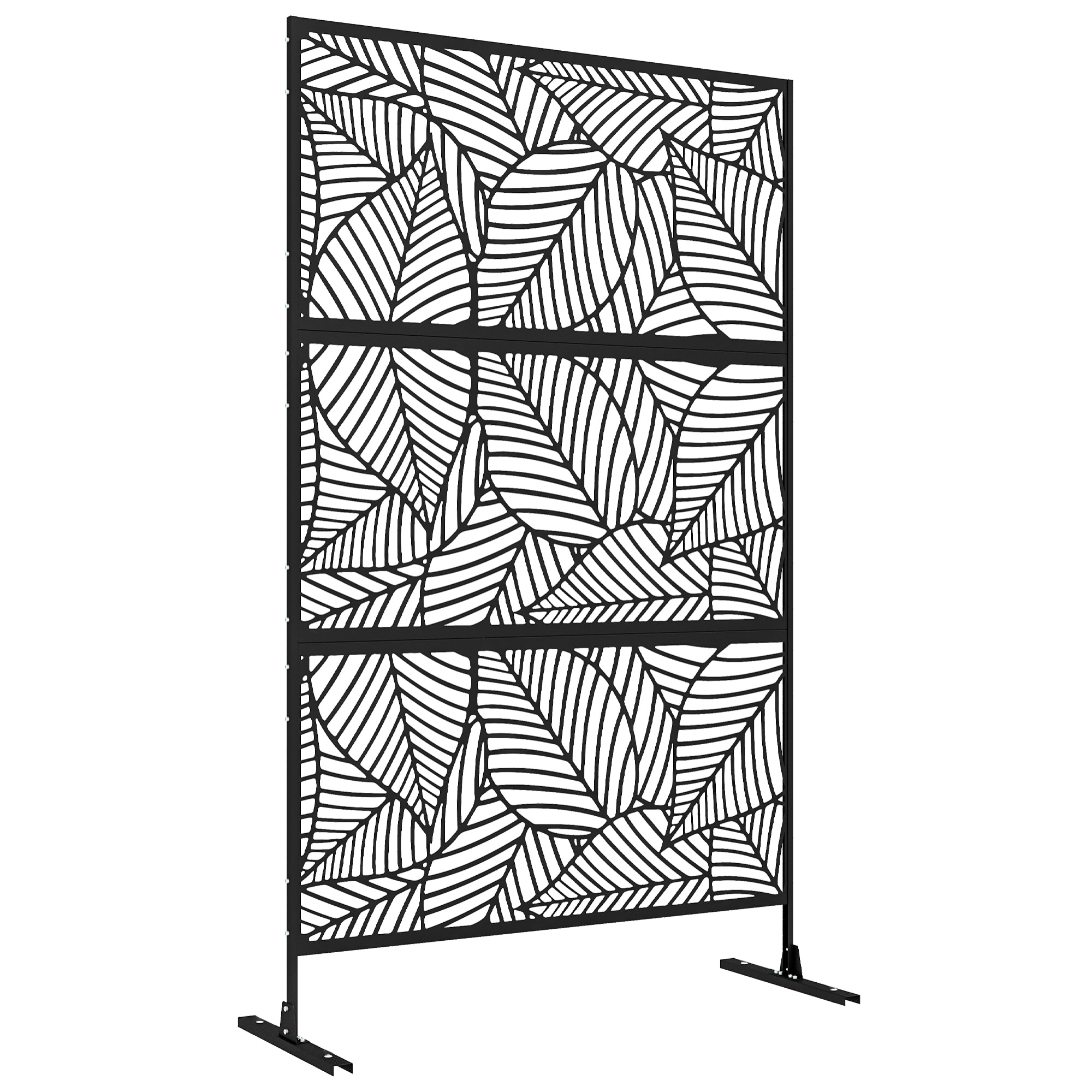 Biombo de 3 Paneles, 122x198 cm, Biombo Separador de Ambientes con Soporte y Tornillos de Expansión, Diseño de Hojas Grandes, para Exterior, Jardín, Patio, Terraza, Negro