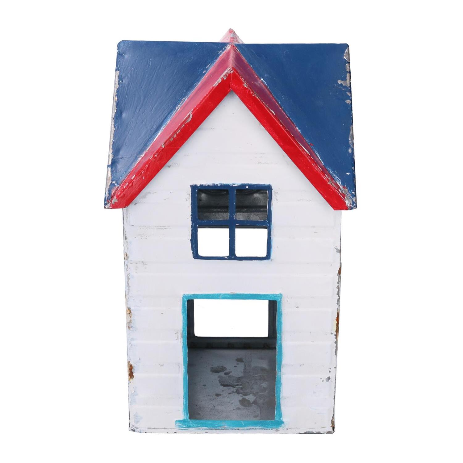 Lanterna in metallo mare casetta bianco e blu quadro cm19x19h29