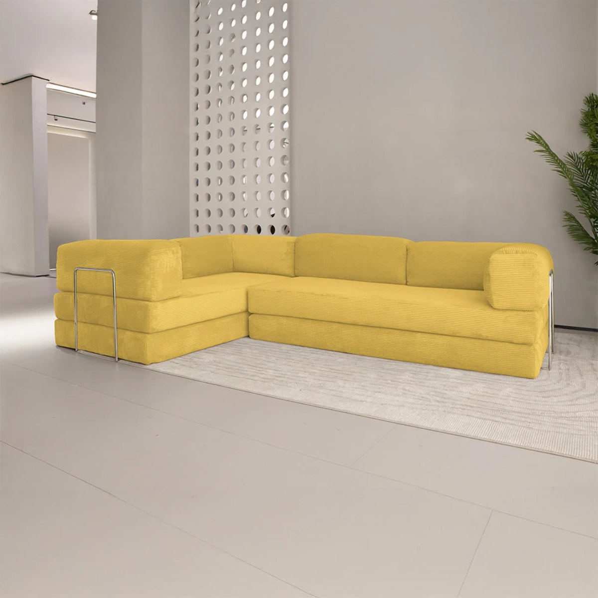 TRENDY - Canapé compressé 5 places angle modulable en velours côtelé jaune