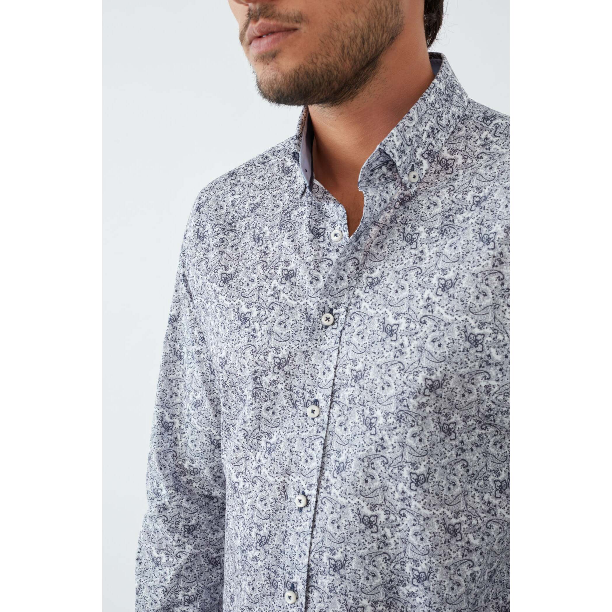 camicia uomo 1 bottone button down slim Popeline Stampato Bianco e Blu