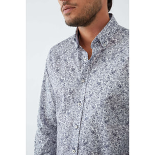 camicia uomo 1 bottone button down slim Popeline Stampato Bianco e Blu