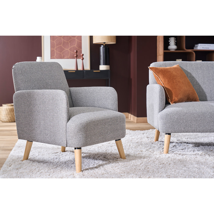 Fauteuil scandinave en tissu gris clair et bois clair ISKO