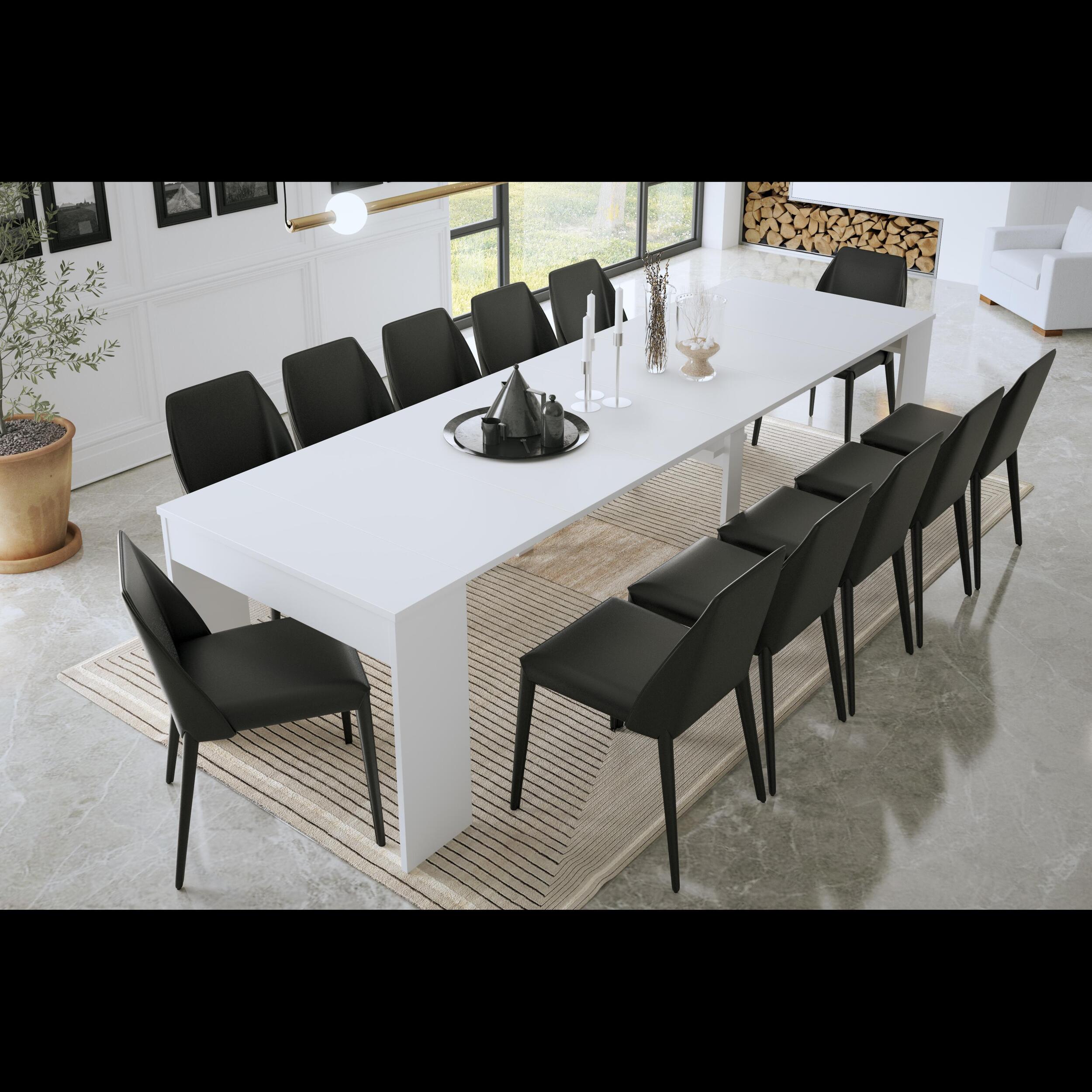 Consolle Tavolo Allungabile Estensibile Moderno Da 50 A 302 cm 6 Allunghe Per 14 posti Guide In Metallo Salvaspazio Soggiorno Salotto Cucina Bianco