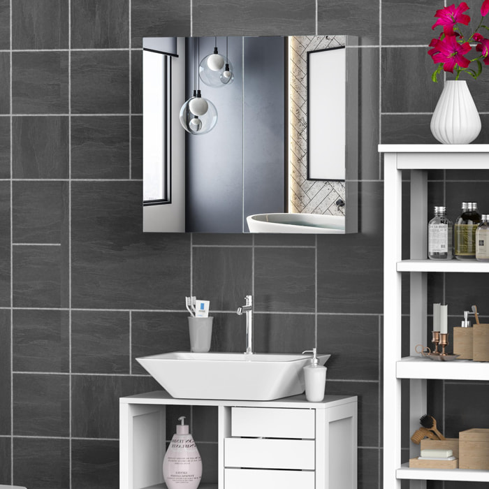 Armoire miroir rangement toilette salle de bain meuble mural dim. 60L x 12l x 55H cm acier inox.