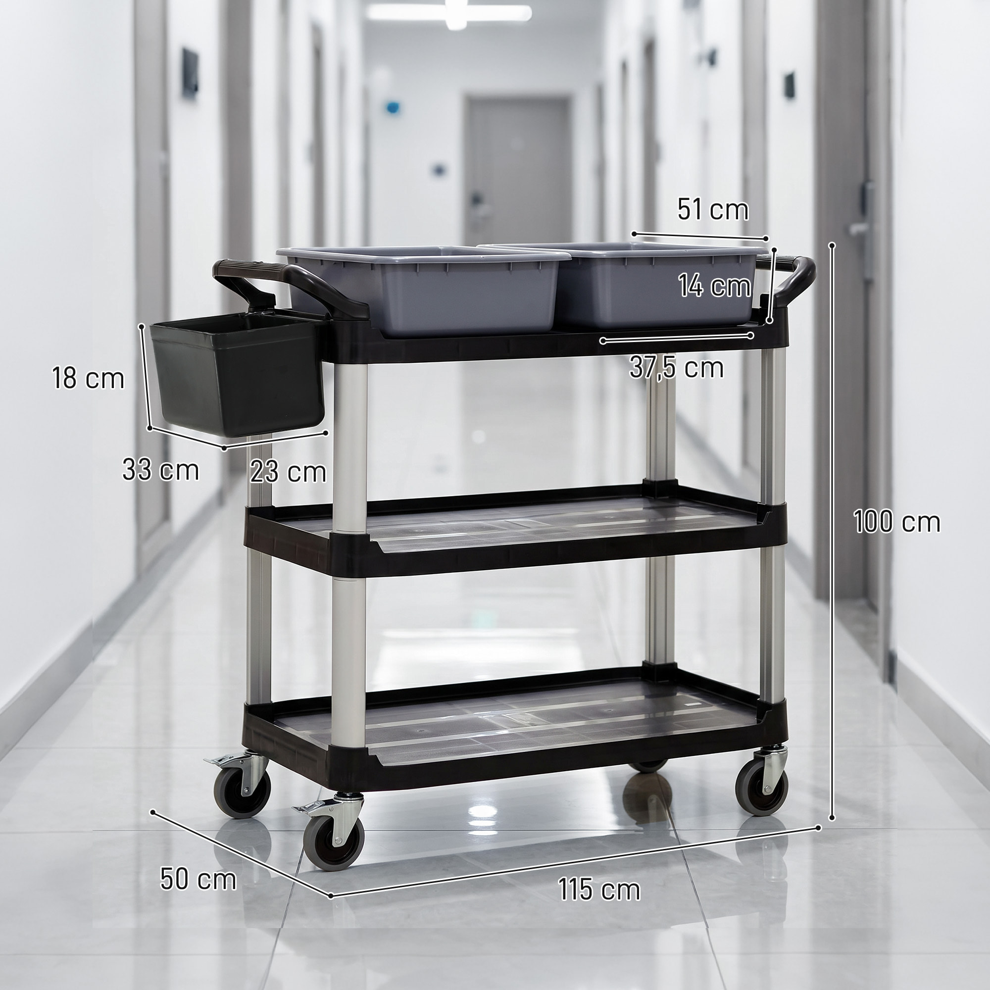 Carro de Limpieza con Ruedas, Carro de Servicio con 3 Estantes, 2 Contenedores y Cubo Lateral Colgante, Estructura de Aluminio, Carga 100 kg, 115x50x100 cm, Negro
