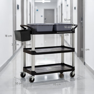 Carro de Limpieza con Ruedas, Carro de Servicio con 3 Estantes, 2 Contenedores y Cubo Lateral Colgante, Estructura de Aluminio, Carga 100 kg, 115x50x100 cm, Negro