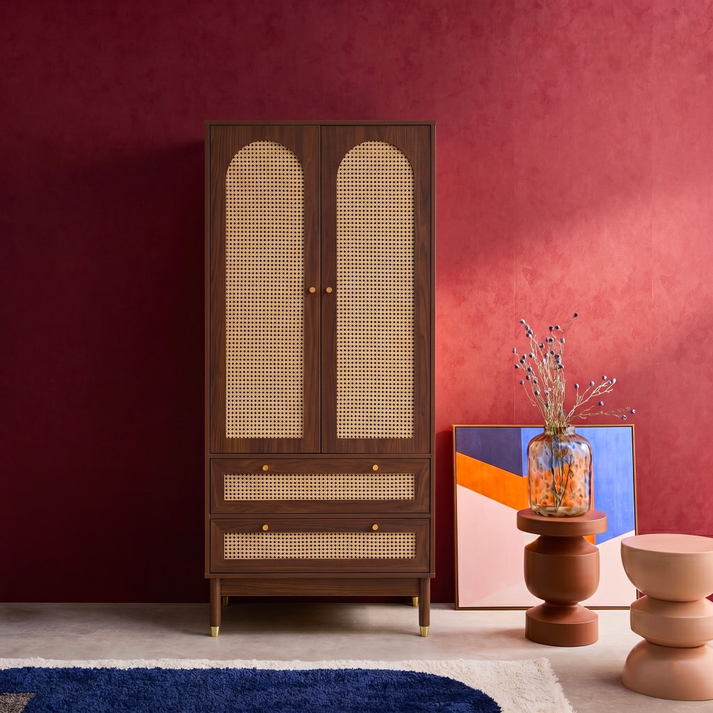Dressing penderie décor bois et cannage 2 portes, 1 penderie et 2 tiroirs JUDITH