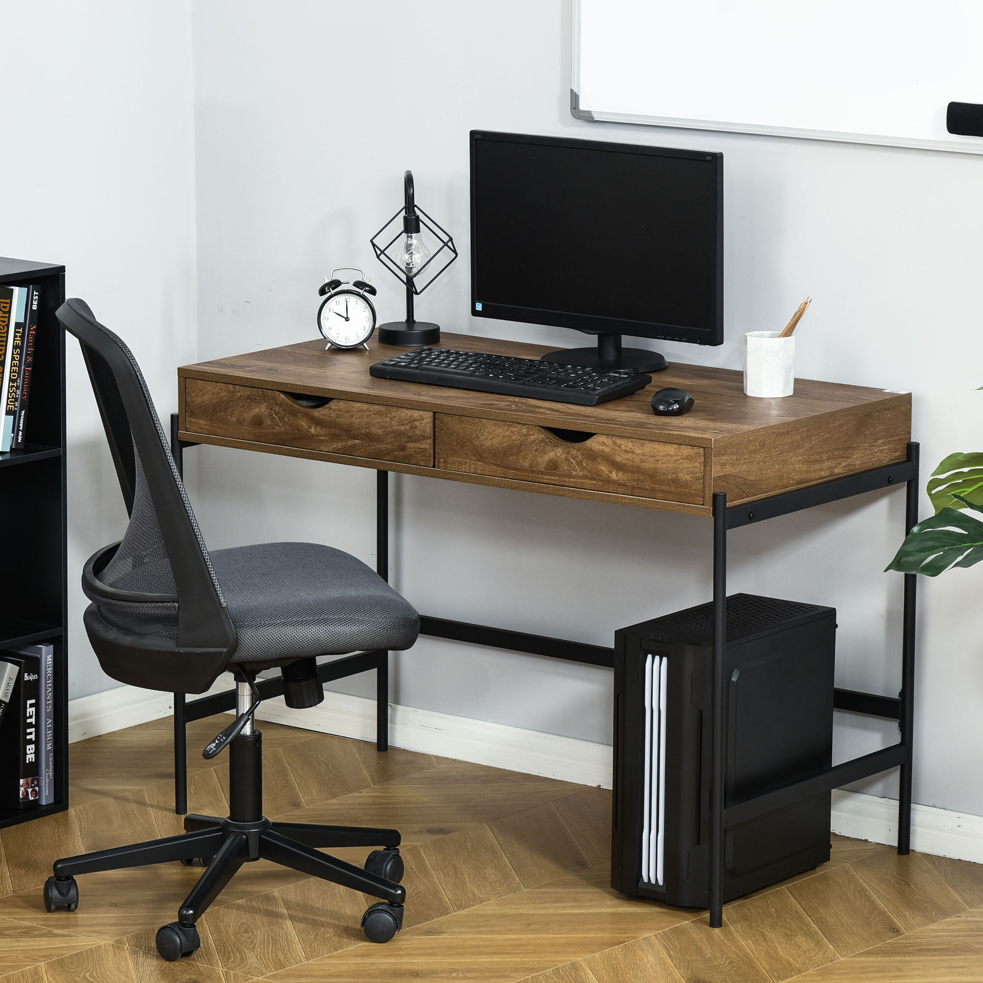 Bureau style industriel dim. 110L x 55l x 75H cm cm tiroir + 2 tiroirs piètement métal noir plateau MDF aspect bois